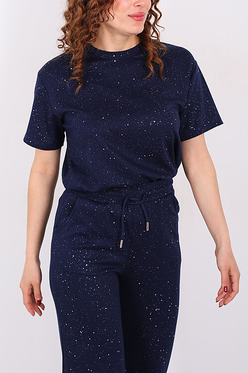 Simli Kısa Kol Bol Paça Kadın Lacivert Modal Takım - Berox (1)