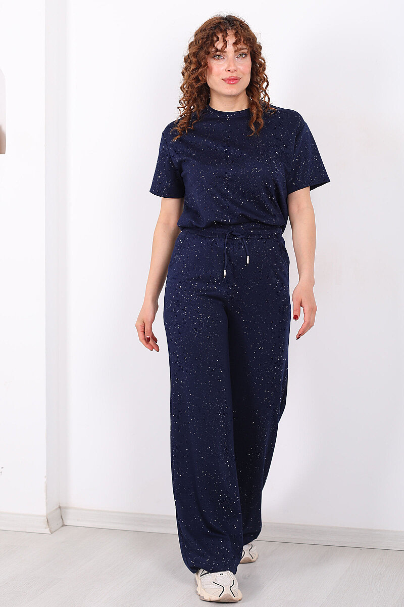 Simli Kısa Kol Bol Paça Kadın Lacivert Modal Takım - 7