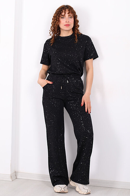 Simli Kısa Kol Bol Paça Kadın Siyah Modal Takım - Berox