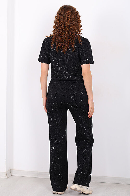 Simli Kısa Kol Bol Paça Kadın Siyah Modal Takım - 5