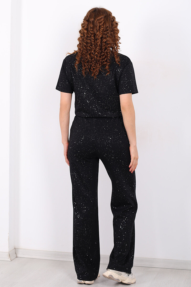 Simli Kısa Kol Bol Paça Kadın Siyah Modal Takım - 5