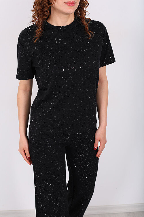Simli Kısa Kol Bol Paça Kadın Siyah Modal Takım - Berox (1)