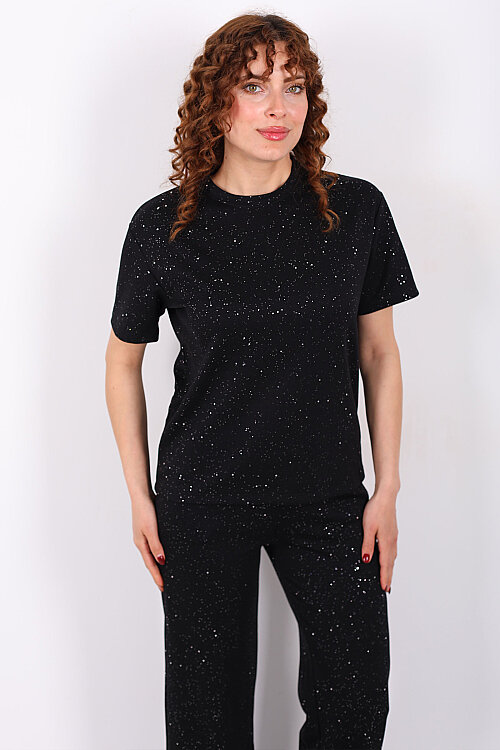 Simli Kısa Kol Bol Paça Kadın Siyah Modal Takım - 6