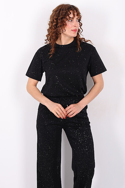Simli Kısa Kol Bol Paça Kadın Siyah Modal Takım - 3