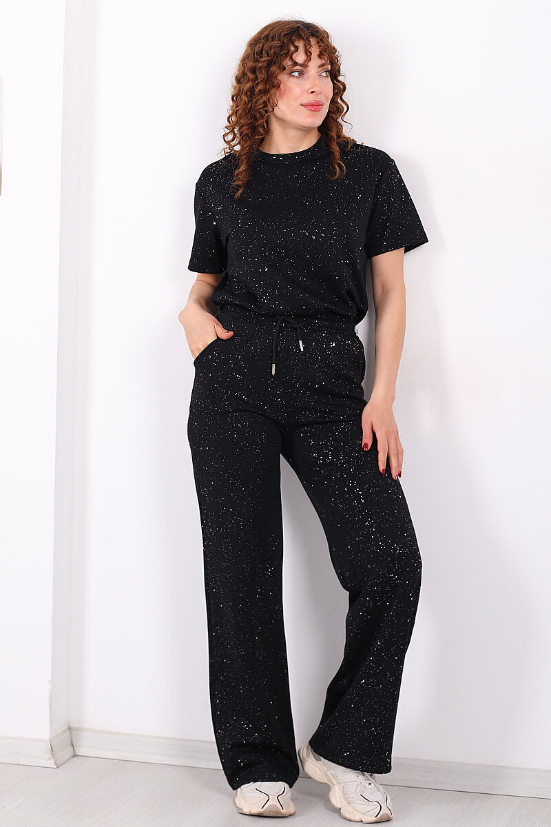 Simli Kısa Kol Bol Paça Kadın Siyah Modal Takım - 4