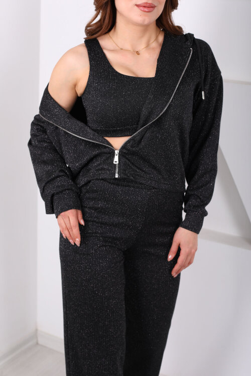 Simli Siyah Kadın Crop - Ceket - Pantolon Takım - Berox (1)