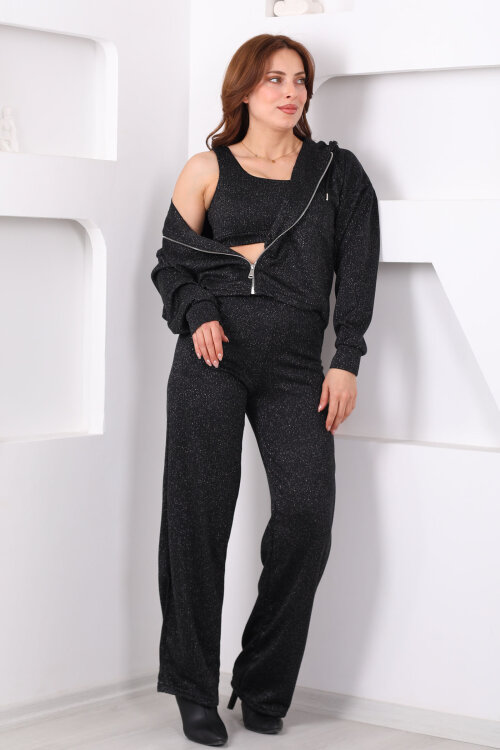 Simli Siyah Kadın Crop - Ceket - Pantolon Takım - 6