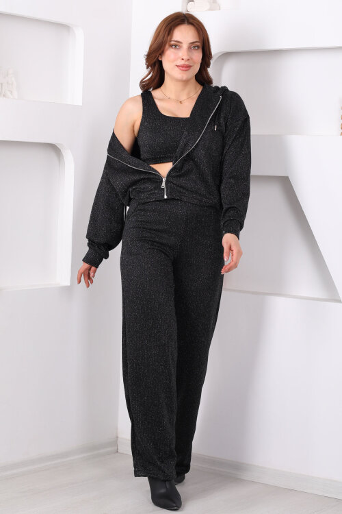 Simli Siyah Kadın Crop - Ceket - Pantolon Takım - 3