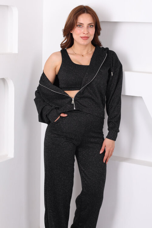 Simli Siyah Kadın Crop - Ceket - Pantolon Takım - Berox