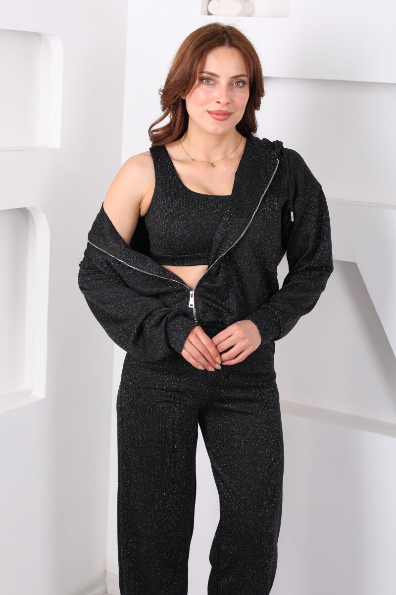 Simli Siyah Kadın Crop - Ceket - Pantolon Takım - 5