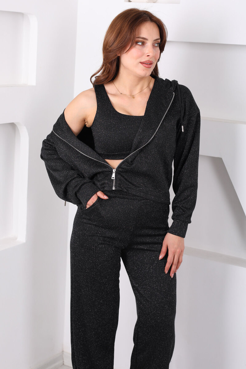 Simli Siyah Kadın Crop - Ceket - Pantolon Takım - 8