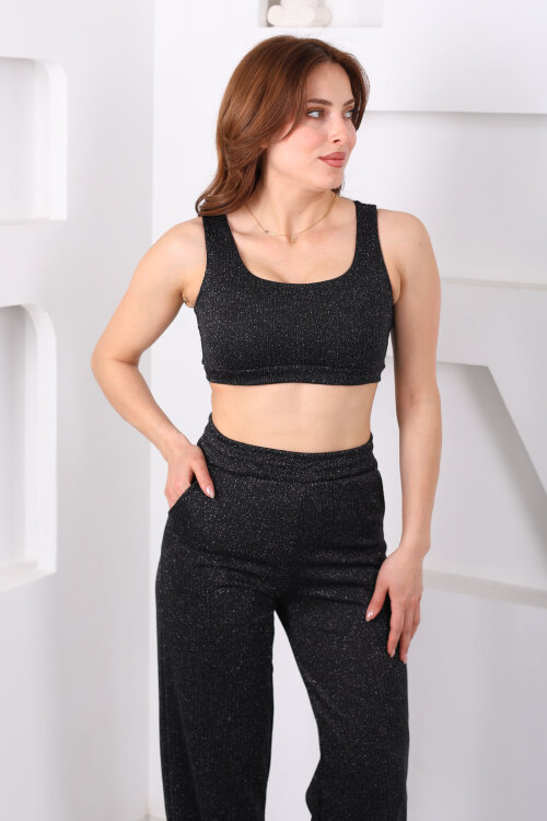 Simli Siyah Kadın Crop - Ceket - Pantolon Takım - 4