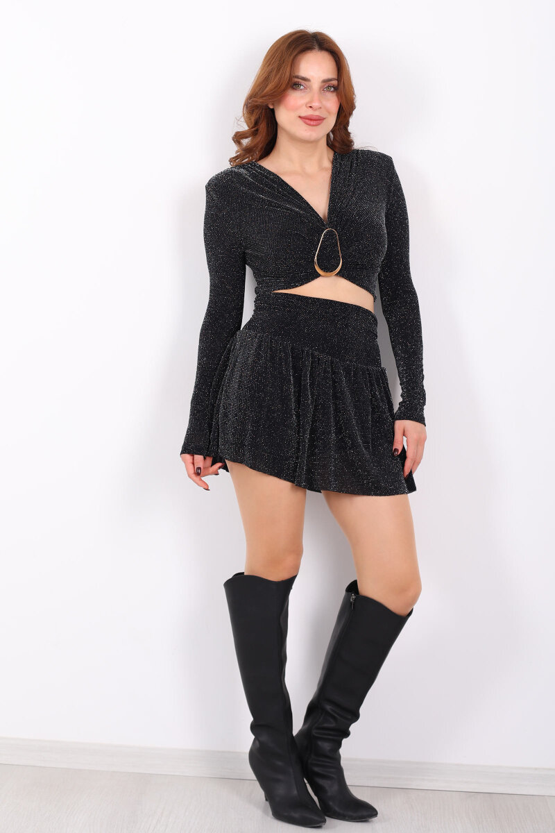 Simli Volanlı Siyah Kadın Mini Şort Etek - 6