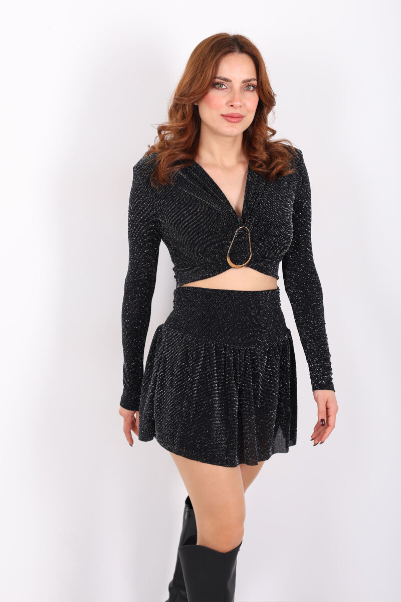 Simli Volanlı Siyah Kadın Mini Şort Etek - 3