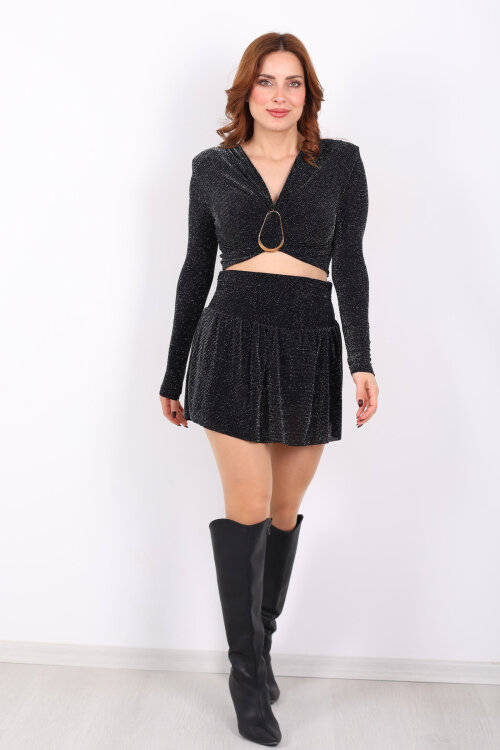 Simli Volanlı Siyah Kadın Mini Şort Etek - 4