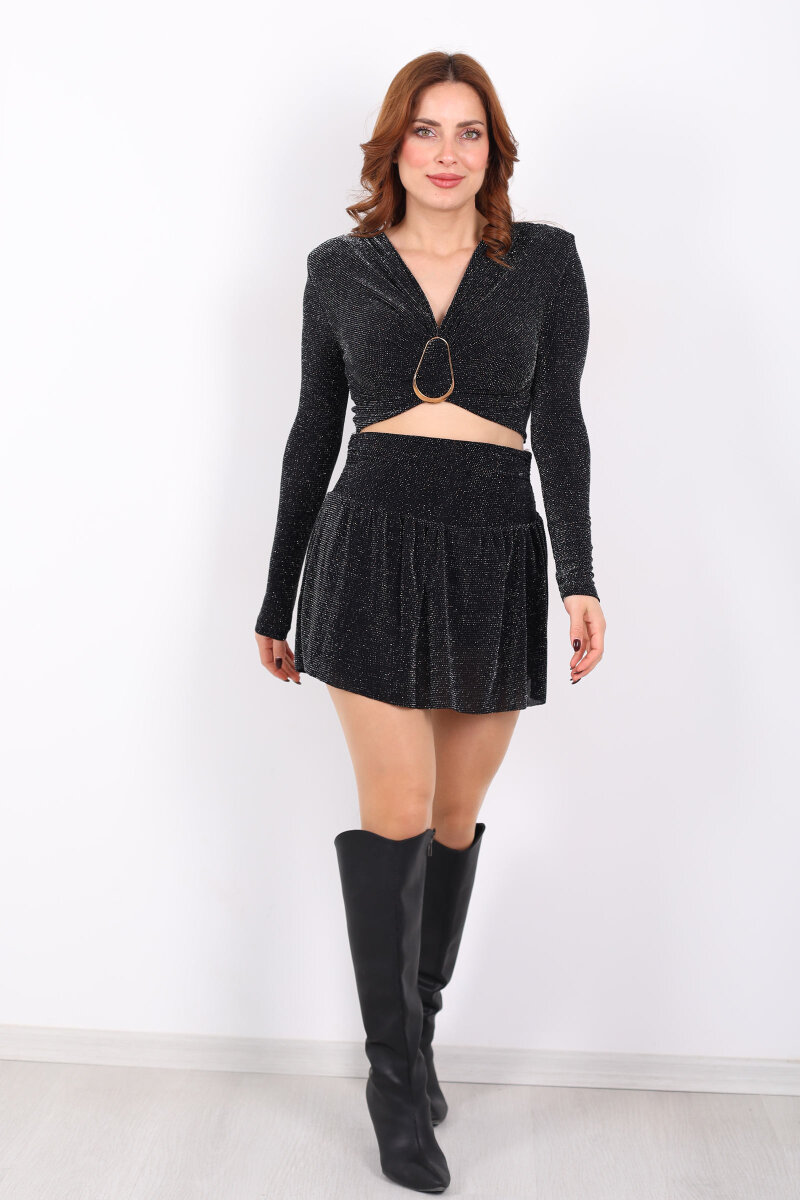 Simli Volanlı Siyah Kadın Mini Şort Etek - 4