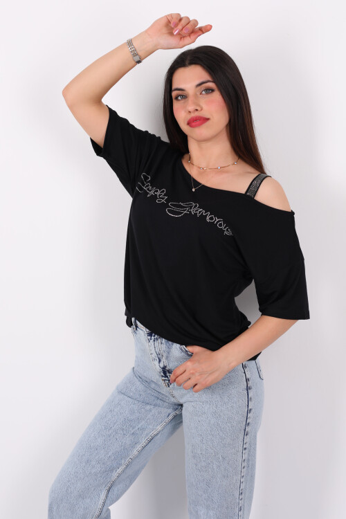 Simply Taşlı Tek Omuz Bantlı Siyah Kadın Bluz - 1