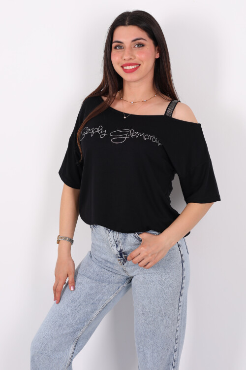 Simply Taşlı Tek Omuz Bantlı Siyah Kadın Bluz - 4
