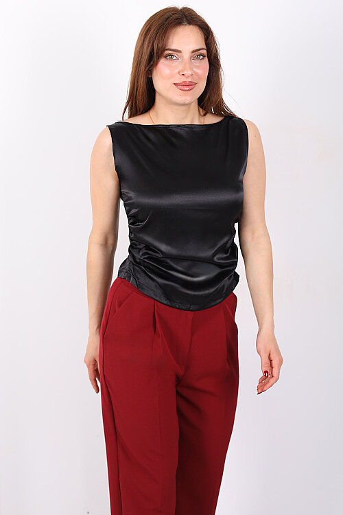 Sırt Dekolteli Drapeli Kolsuz Siyah Kadın Saten Bluz - 6