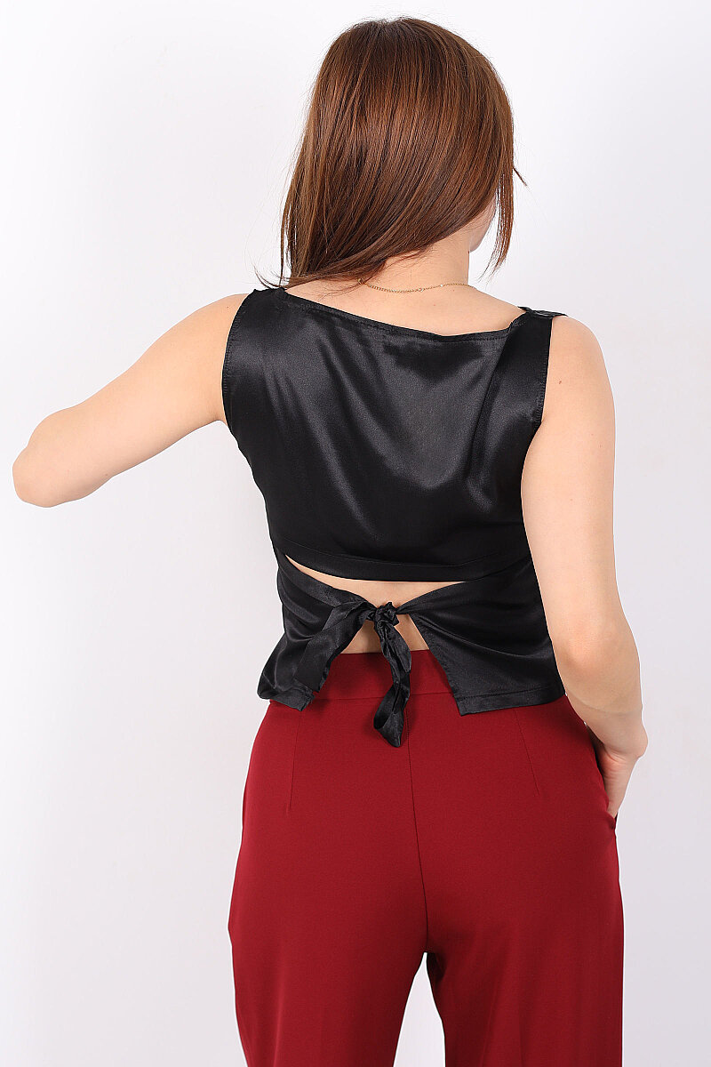 Sırt Dekolteli Drapeli Kolsuz Siyah Kadın Saten Bluz - 4