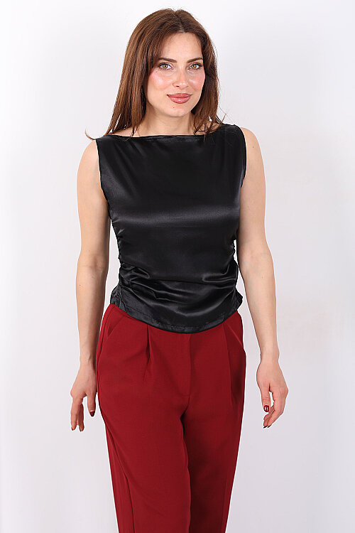 Sırt Dekolteli Drapeli Kolsuz Siyah Kadın Saten Bluz - 3