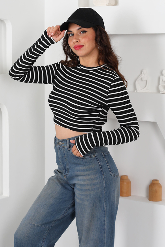 Sırt Dekolteli Kemer Detay Siyah Kadın Çizgili Crop - 3