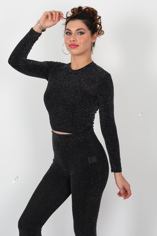 Sırt Dekolteli Siyah Kadın Simli Crop - 2