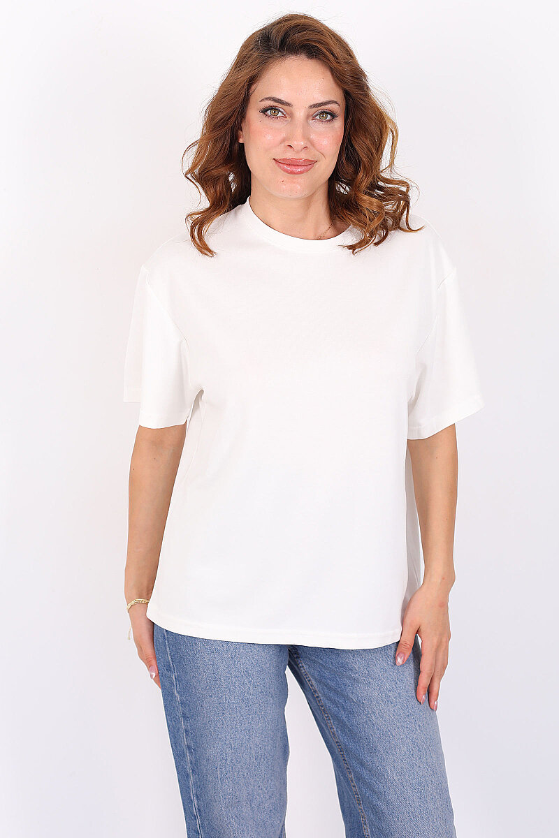 Sırt Kalp Dekolteli Kısa Kol Beyaz Kadın T-Shirt - 3