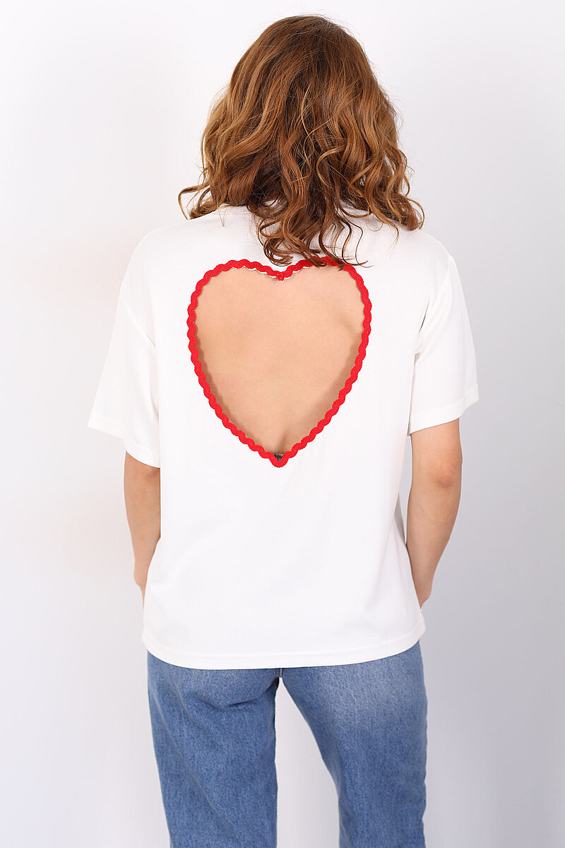 Sırt Kalp Dekolteli Kısa Kol Beyaz Kadın T-Shirt - 1
