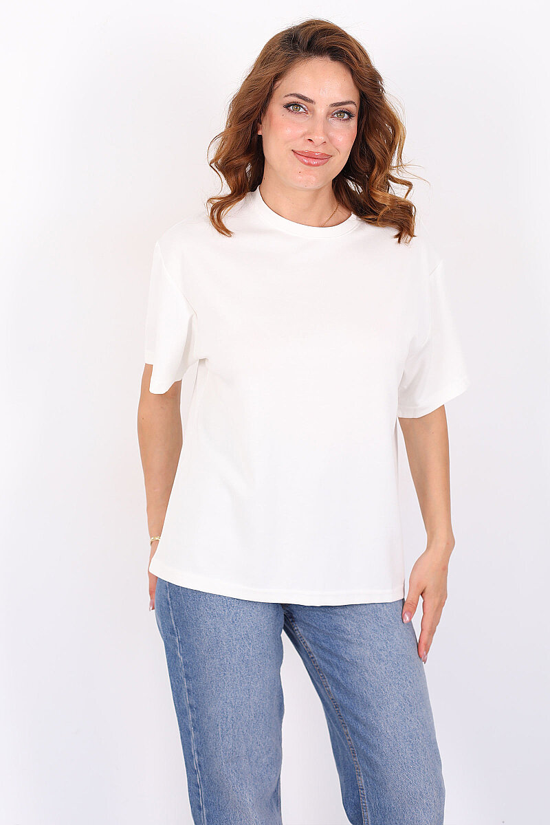 Sırt Kalp Dekolteli Kısa Kol Beyaz Kadın T-Shirt - 4