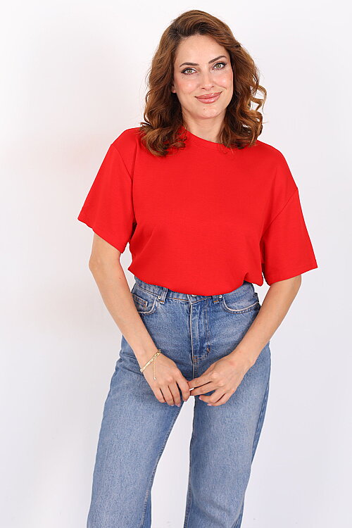Sırt Kalp Dekolteli Kısa Kol Kırmızı Kadın T-Shirt - 5