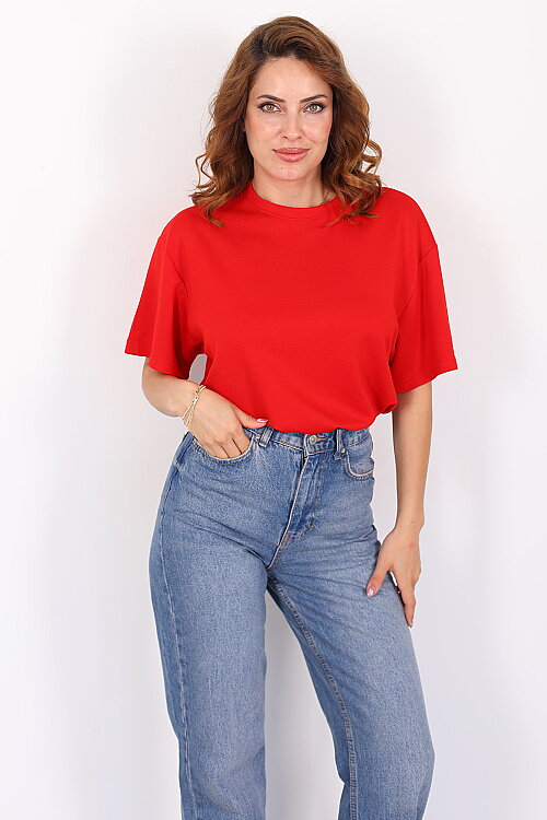 Sırt Kalp Dekolteli Kısa Kol Kırmızı Kadın T-Shirt - Berox (1)