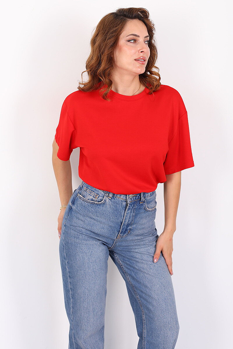 Sırt Kalp Dekolteli Kısa Kol Kırmızı Kadın T-Shirt - 3