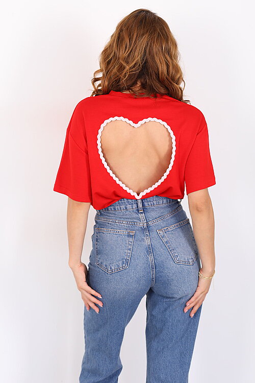 Sırt Kalp Dekolteli Kısa Kol Kırmızı Kadın T-Shirt - 4