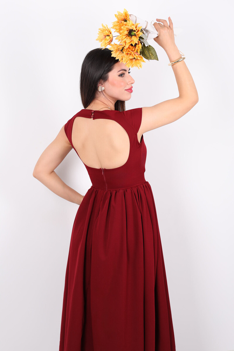 Sırt Pencere Detaylı Eteği Kloş Maxi Bordo Kadın Elbise - 1