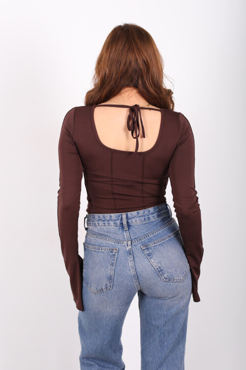 Sırtı Bağlamalı Ters Dikişli Kahverengi Kadın İspanyol Kol Bluz - 5