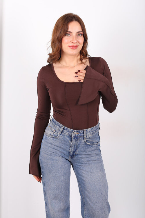 Sırtı Bağlamalı Ters Dikişli Kahverengi Kadın İspanyol Kol Bluz - 3