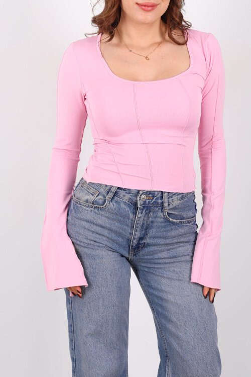 Sırtı Bağlamalı Ters Dikişli Pembe Kadın İspanyol Kol Bluz - Berox (1)