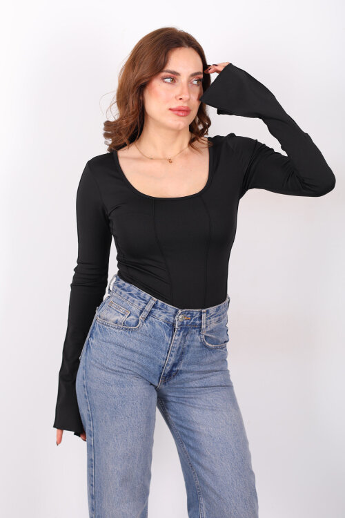 Sırtı Bağlamalı Ters Dikişli Siyah Kadın İspanyol Kol Bluz - Berox