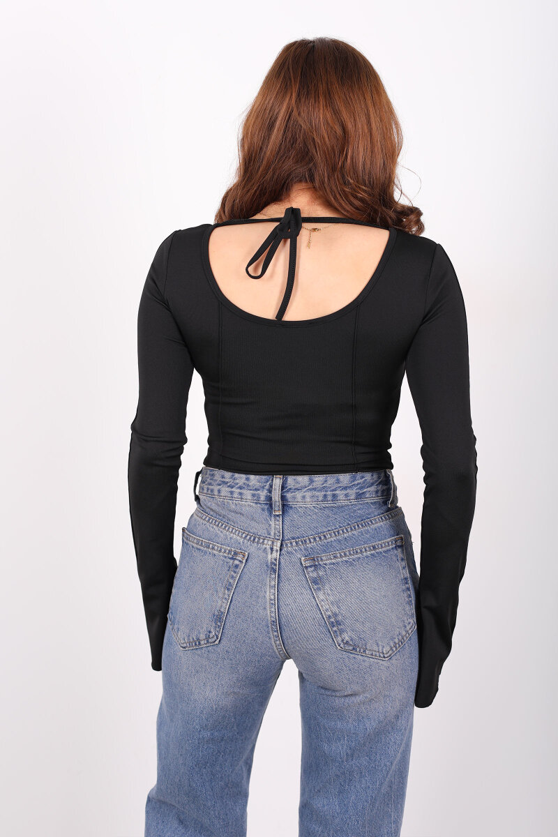 Sırtı Bağlamalı Ters Dikişli Siyah Kadın İspanyol Kol Bluz - 5