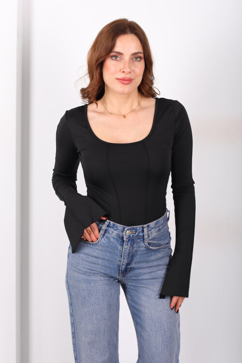 Sırtı Bağlamalı Ters Dikişli Siyah Kadın İspanyol Kol Bluz - 6