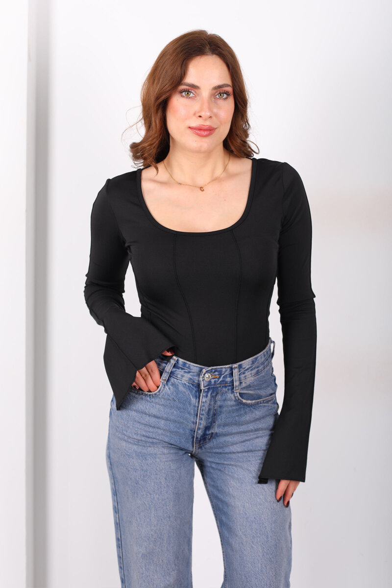 Sırtı Bağlamalı Ters Dikişli Siyah Kadın İspanyol Kol Bluz - 6