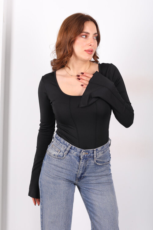 Sırtı Bağlamalı Ters Dikişli Siyah Kadın İspanyol Kol Bluz - 3