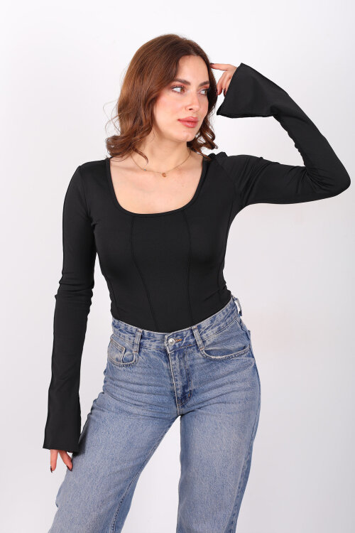 Sırtı Bağlamalı Ters Dikişli Siyah Kadın İspanyol Kol Bluz - 4