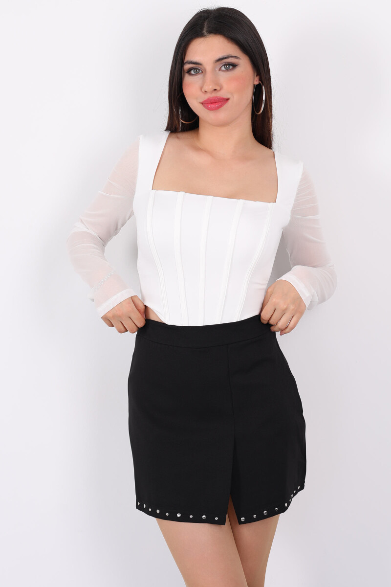 Sırtı Fermuarlı Tül Geçişli Beyaz Kadın Korse Crop - 3