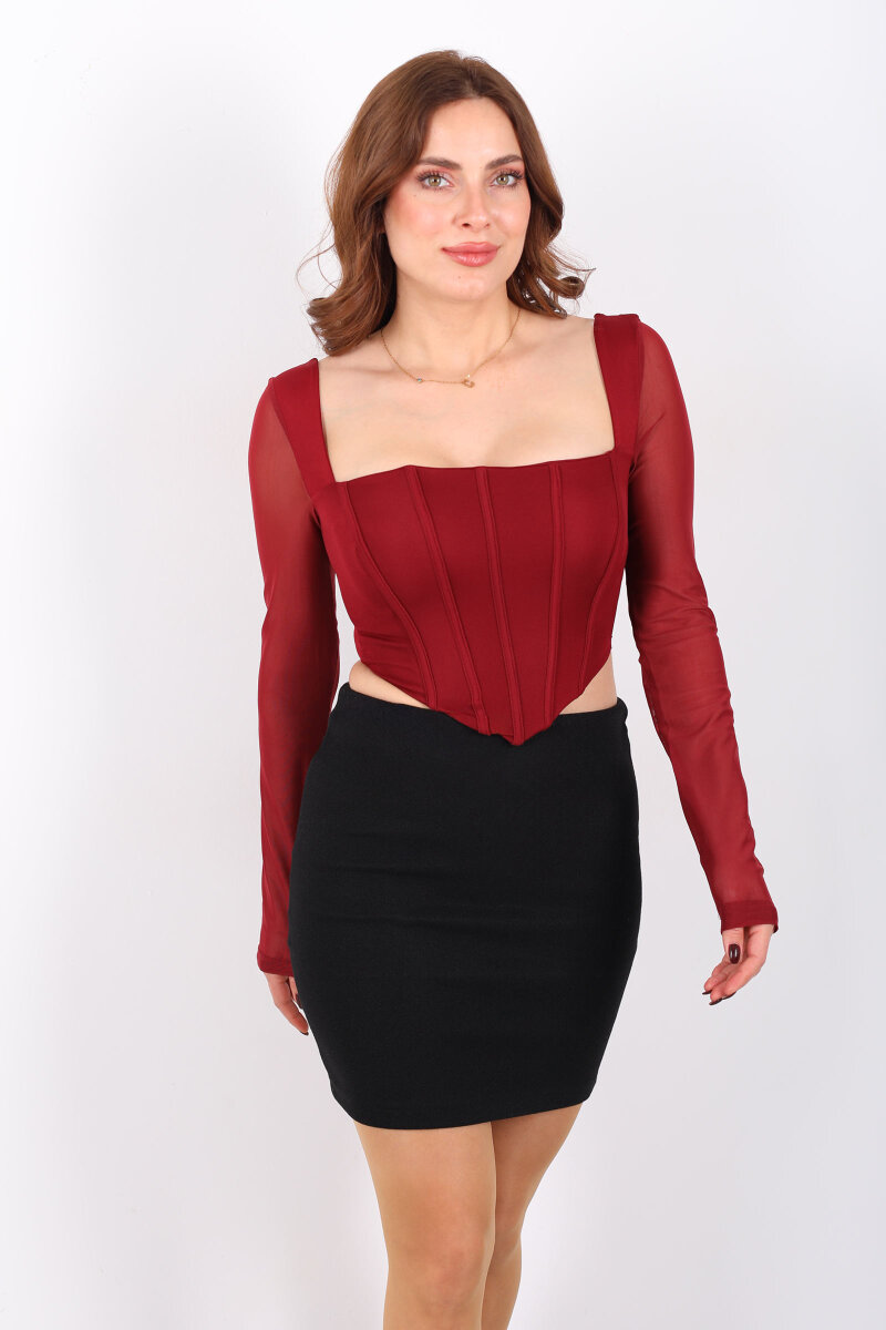 Sırtı Fermuarlı Tül Geçişli Bordo Kadın Korse Crop - 6