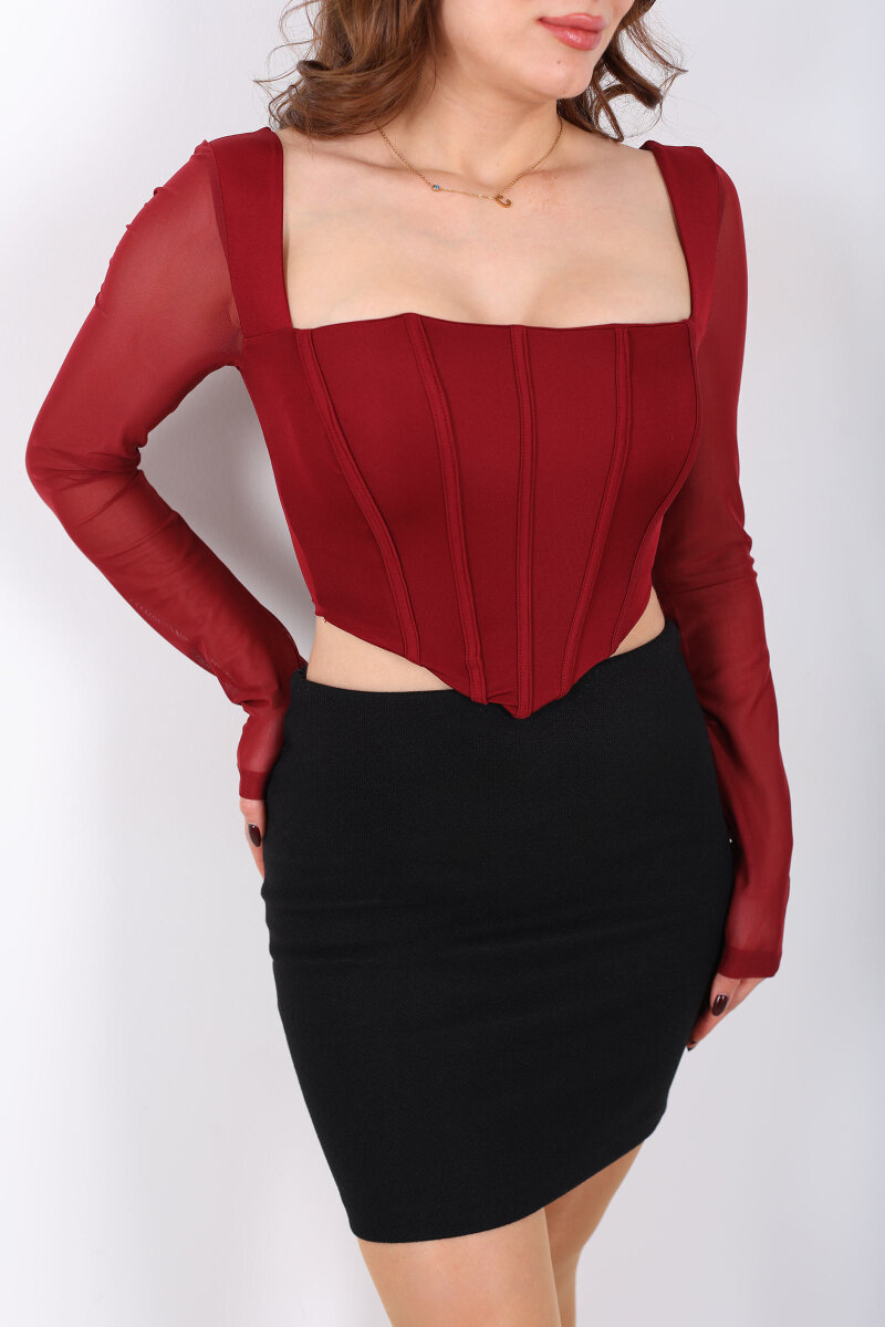 Sırtı Fermuarlı Tül Geçişli Bordo Kadın Korse Crop - 2