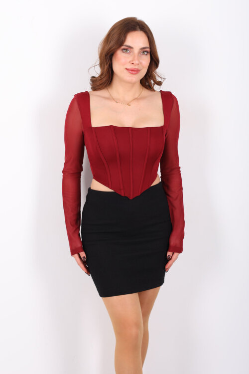 Sırtı Fermuarlı Tül Geçişli Bordo Kadın Korse Crop - 4
