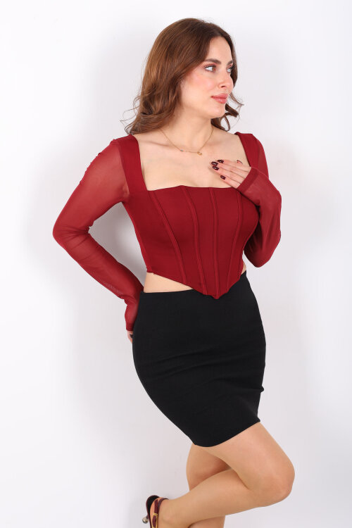 Sırtı Fermuarlı Tül Geçişli Bordo Kadın Korse Crop - 3