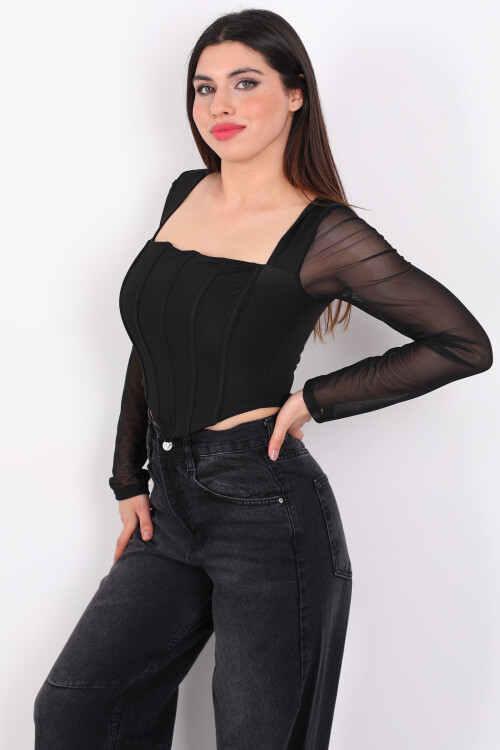 Sırtı Fermuarlı Tül Geçişli Siyah Kadın Korse Crop - 3